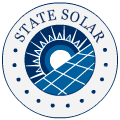 The StateSolar logo is round and has a blue and white sun in the middle whose rays are shining across a solar panel.