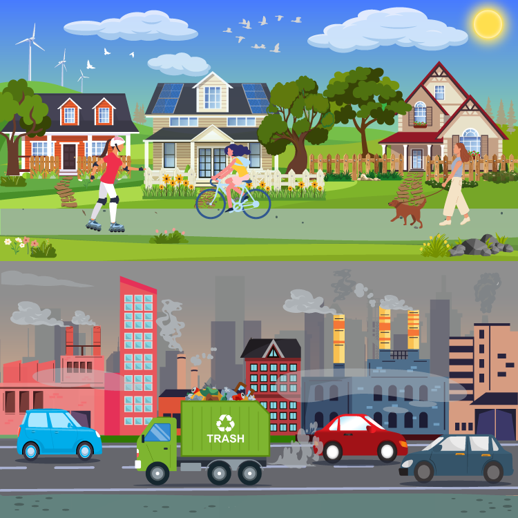 Illustrated graphics demonstrating the difference between an average community in the US vs an environmental sacrifice zone. The top half shows a row of houses surrounded by trees and manicured lawns, wind turbines in the far distance, birds flying freely in the sky, people cycling, rollerskating and walking their dog on the street during a clear, sunny day. While the bottom half shows an industrialized urban area filled with buildings, factories and vehicles that emit fumes and toxic waste.