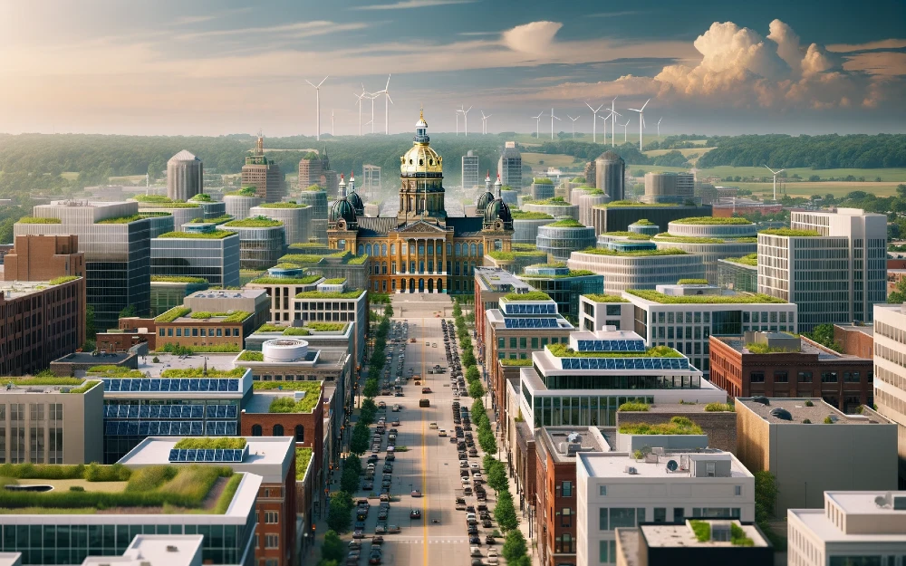 Des Moines, Iowa imagined by AI powered with solar energy.