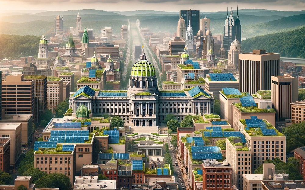 Harrisburg, Pennsylvania imagined by AI powered with solar energy.