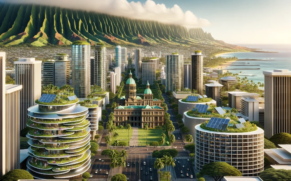 Honolulu, Hawaii imagined by AI powered with solar energy.