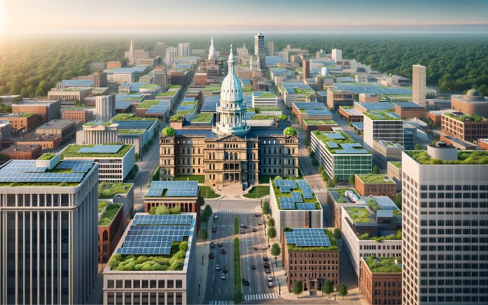 Lansing, Michigan imagined by AI powered with solar energy.