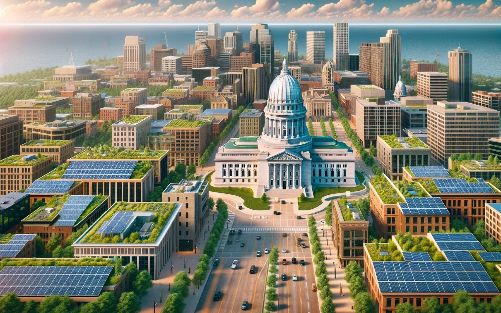 Madison, Wisconsin imagined by AI powered with solar energy.