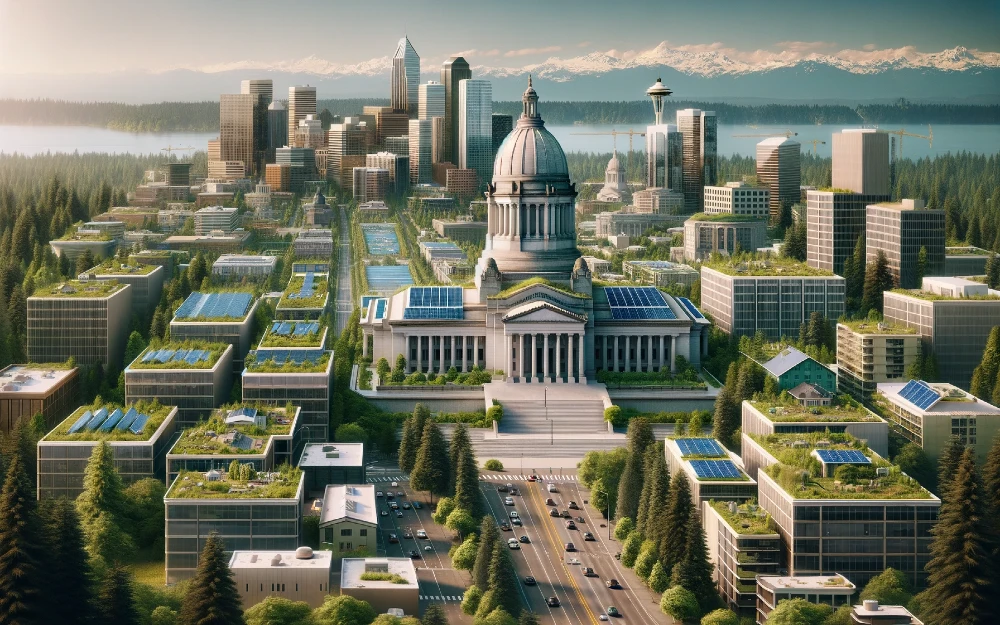 Olympia, Washington imagined by AI powered with solar energy.