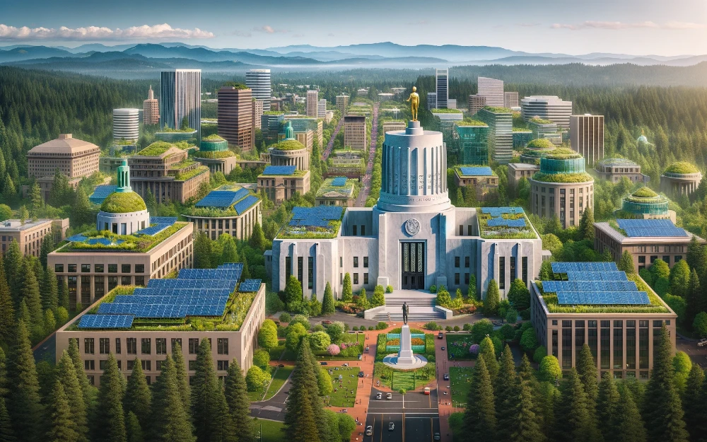 Salem, Oregon imagined by AI powered with solar energy.
