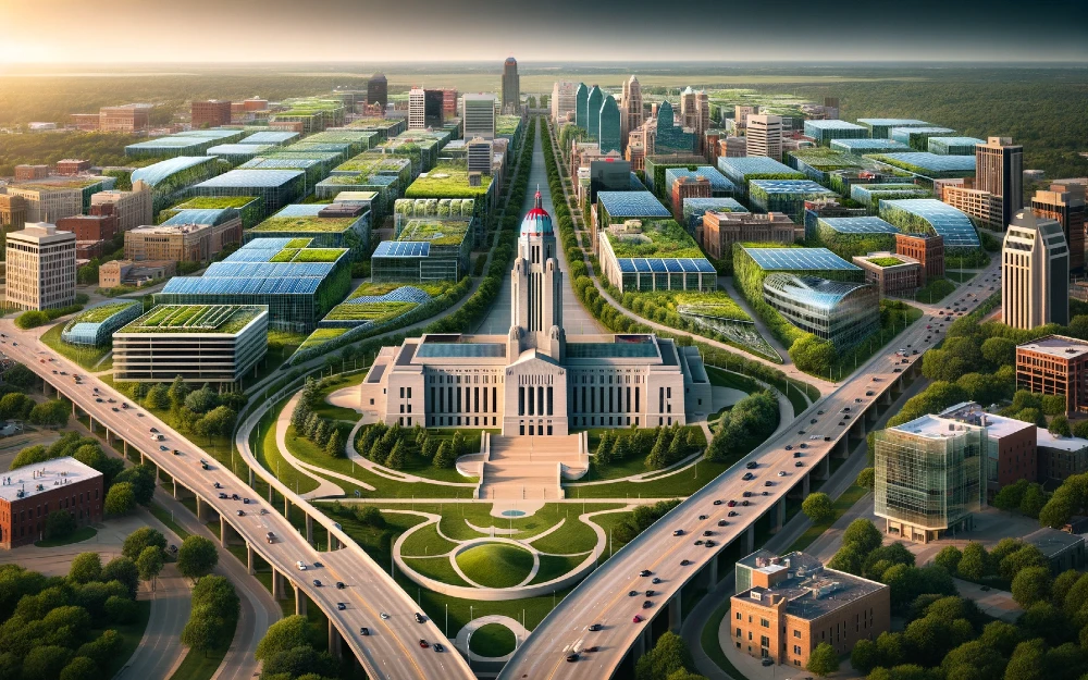 Lincoln, Nebraska imagined by AI powered with solar energy.