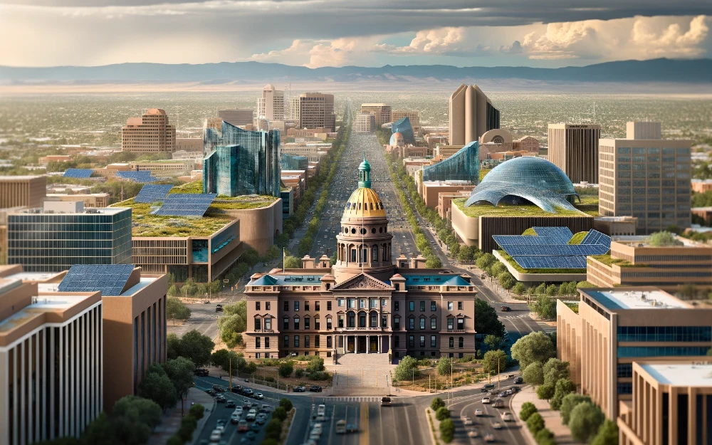 Santa Fe, New Mexico imagined by AI powered with solar energy.