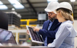 Two engineers wearing white hard hats and discussing solar panel technology.