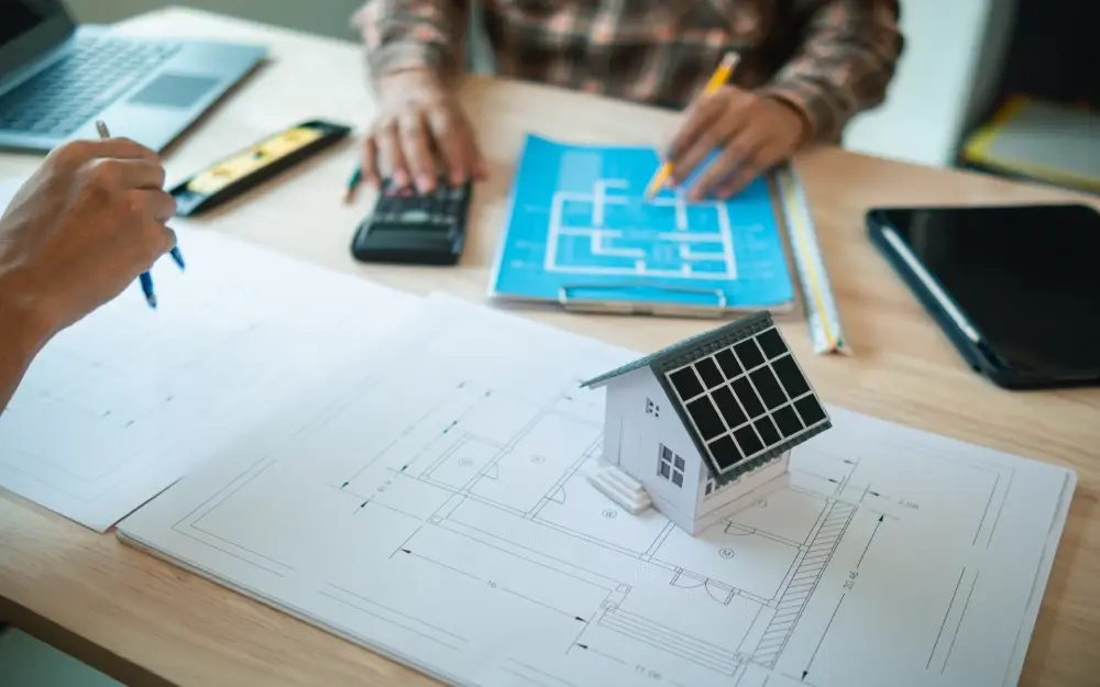 Solar panel contractors finalizing a solar panel system design for a new residential house.